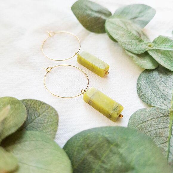 Green Serpentine Gold Hoop Earrings, Minimalist Boho Hoops, Natural Cottagecore - Picture 3 of 9